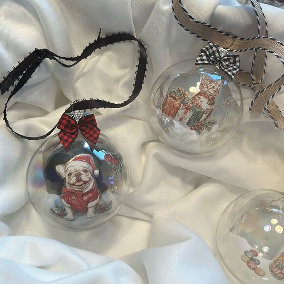 Upcycled Clear Glass Ornaments 3 Different Decor Christmas Balls Dog Cat Candy - Picture 10 of 14